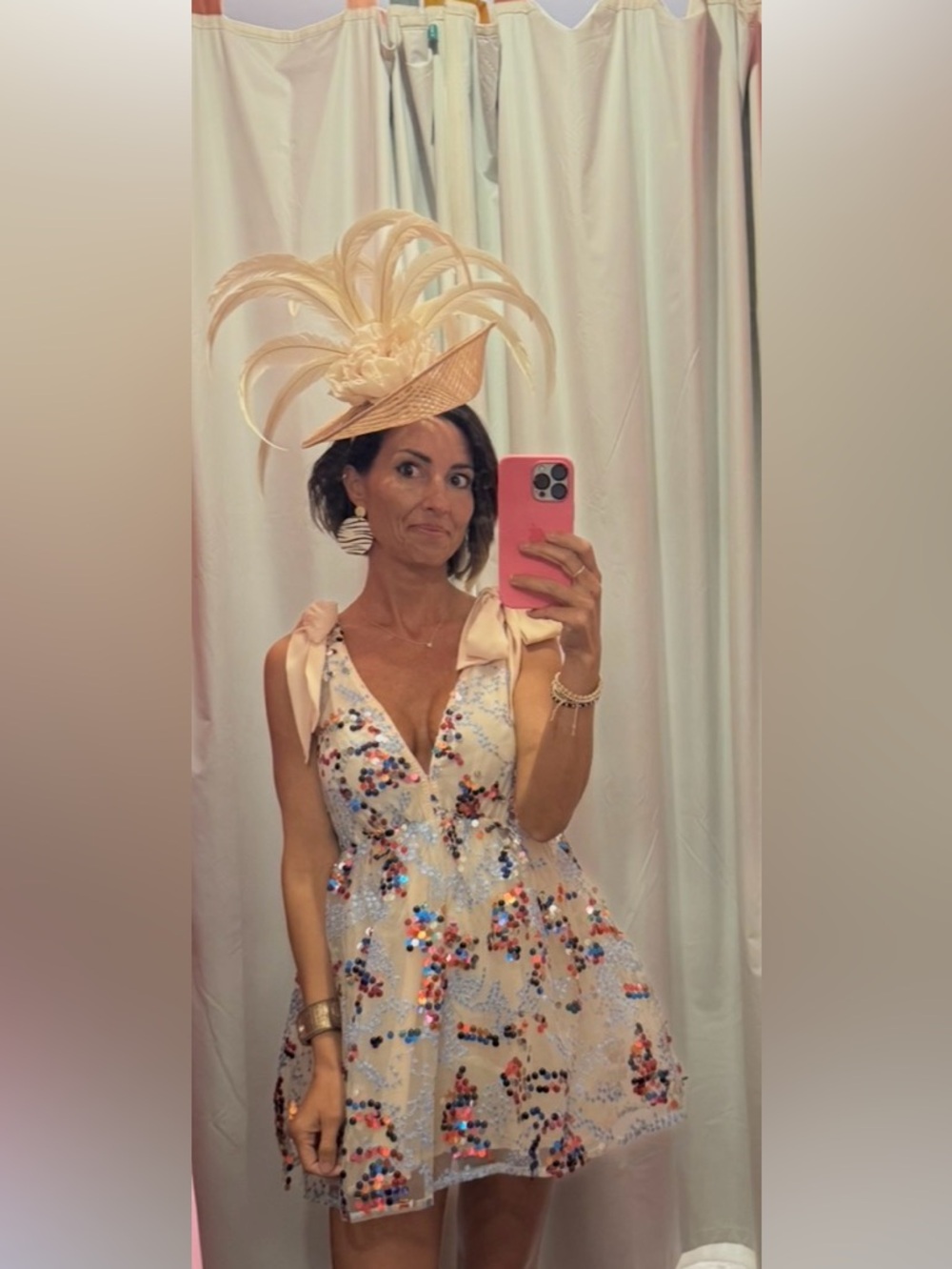 Sequin Embellished Tie-Shoulder Party Dress - Nude and fascinator